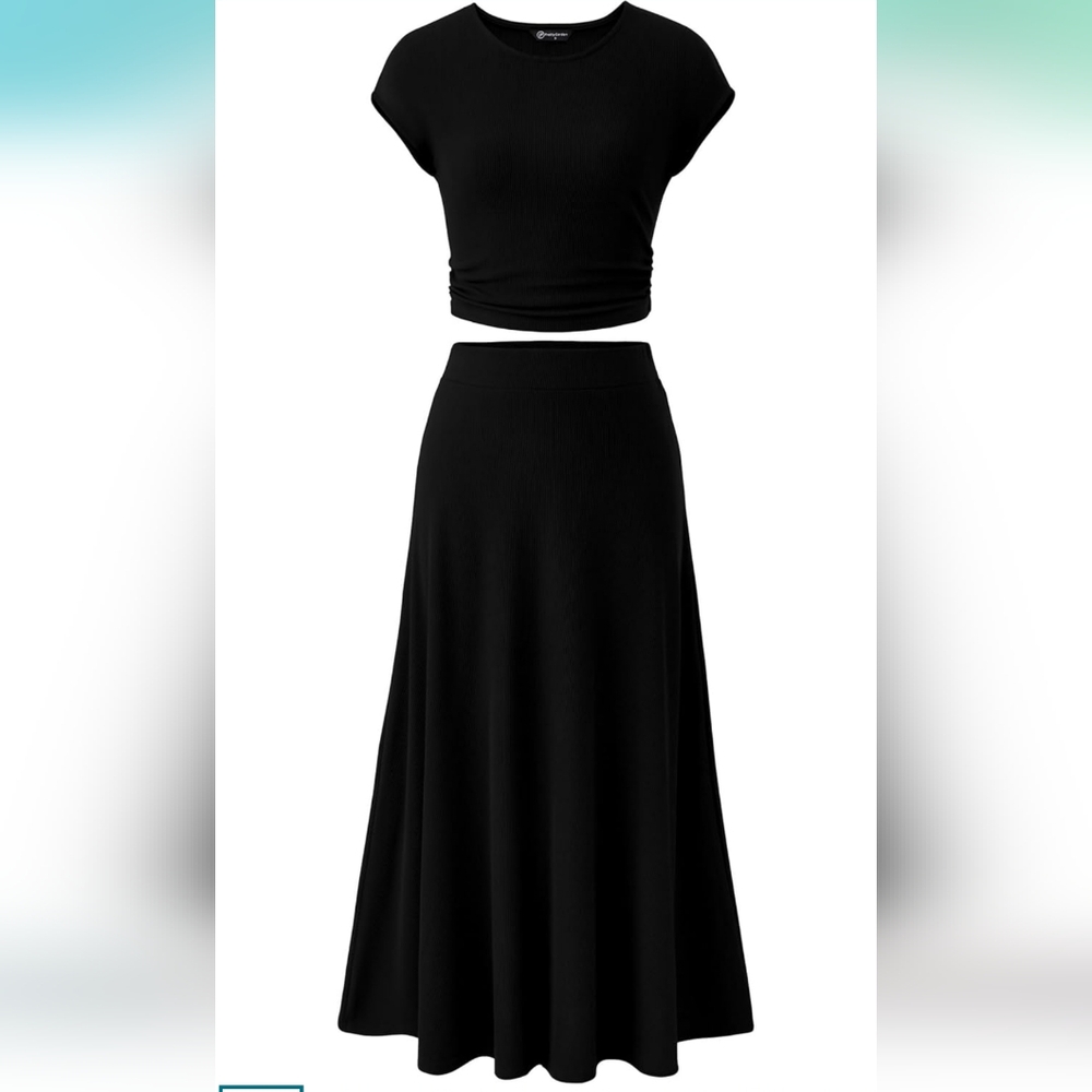 2 Piece Set Black Ribbed Top & Skirt